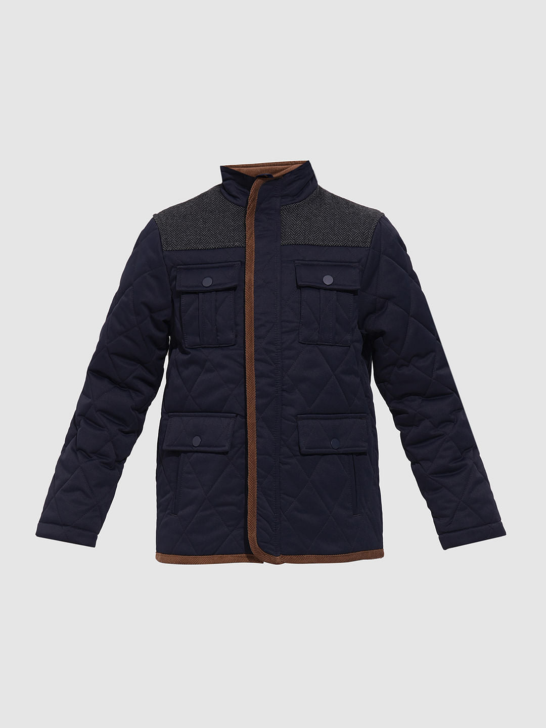 Boys Navy Blue Tweed High Neck Jacket