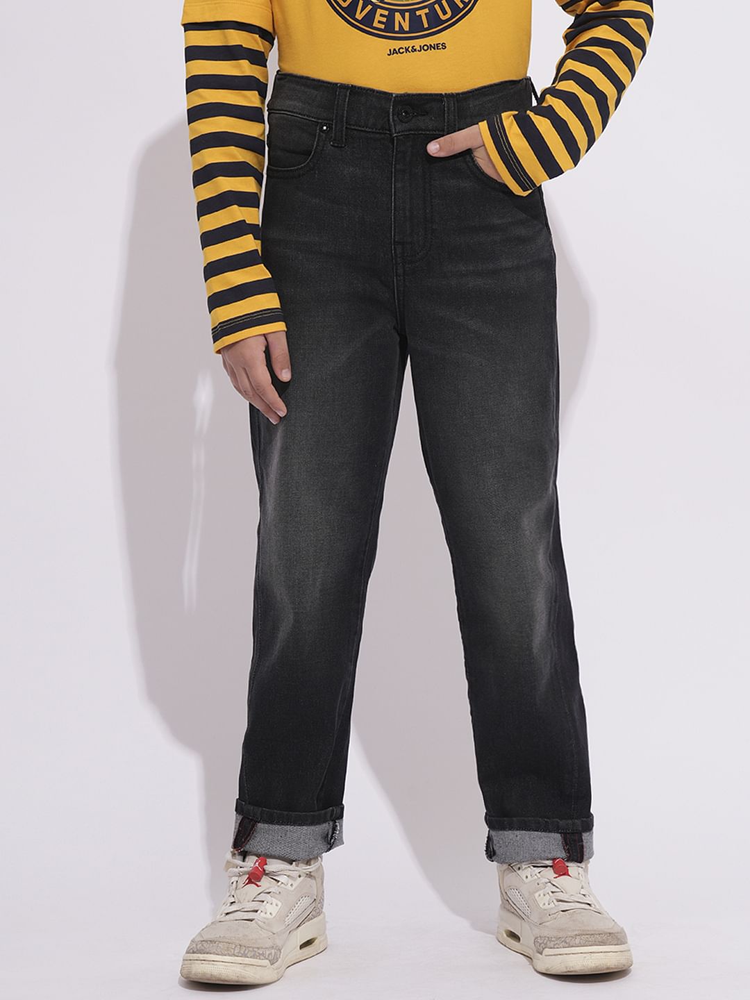 Charcoal Grey Mid Rise Washed Loose Fit Jeans