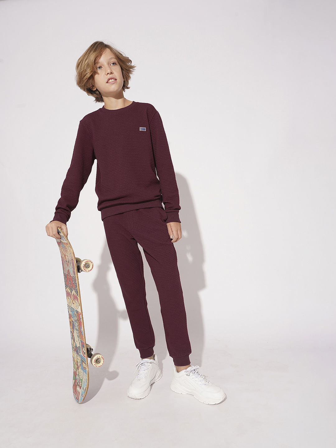 Boys Maroon Textured Co-ord Set Sweatpants