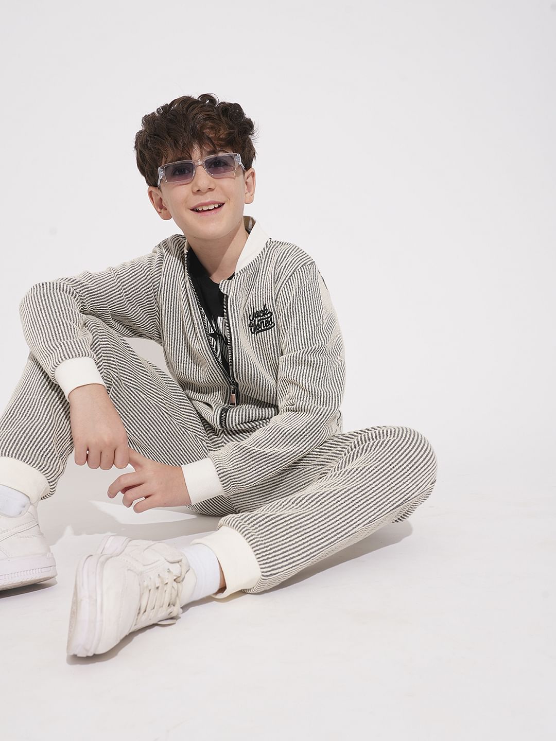 Boys White Striped Co-ord Set Sweat-Jacket - 4/5Y