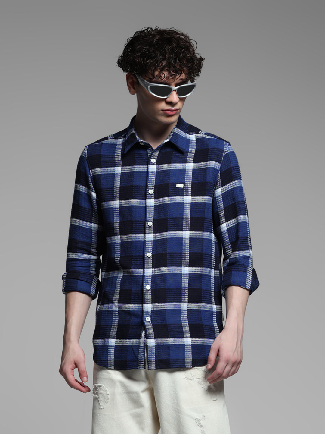Dark Blue Check Cotton Shirt - S