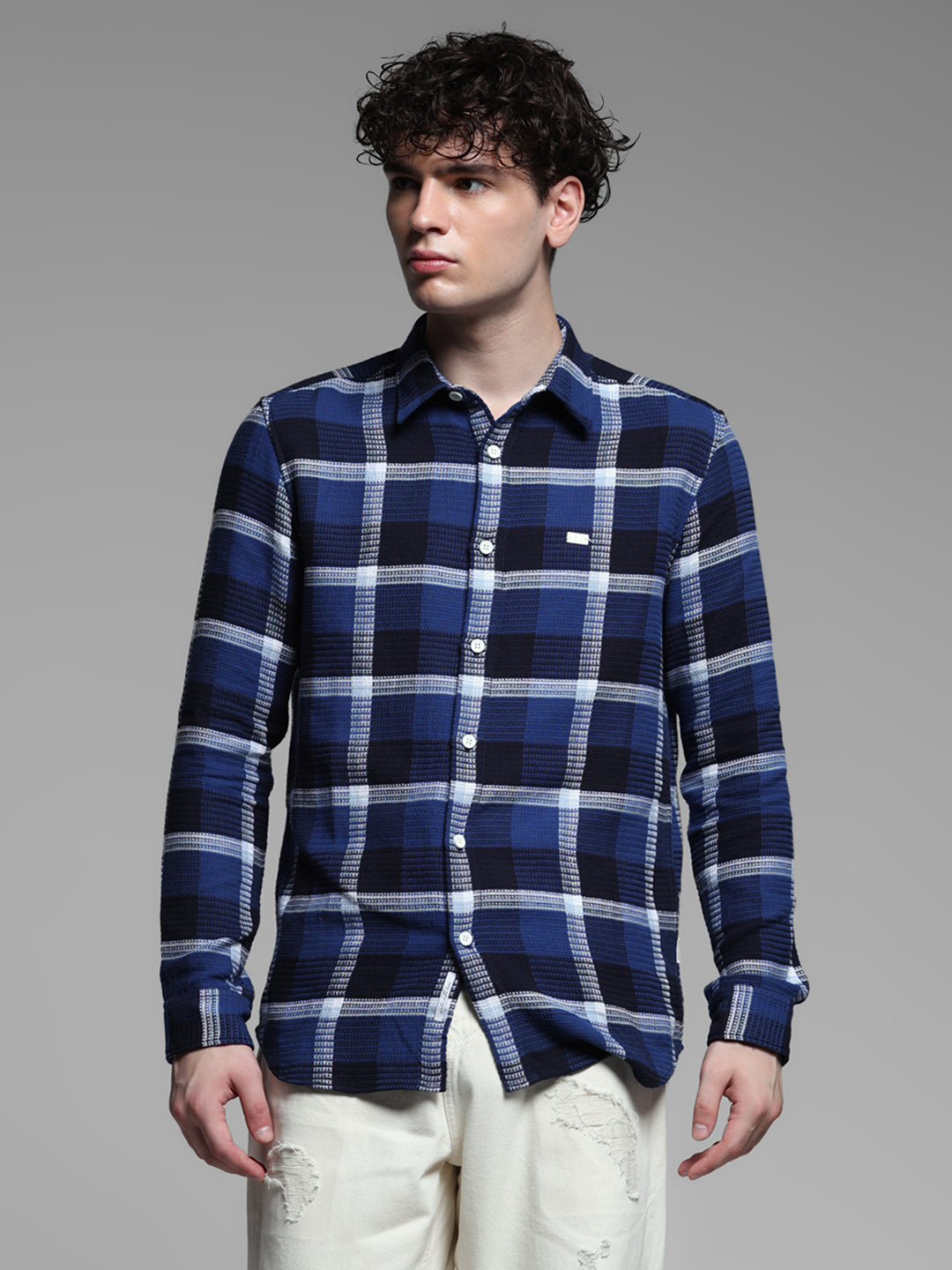 Dark Blue Check Cotton Shirt