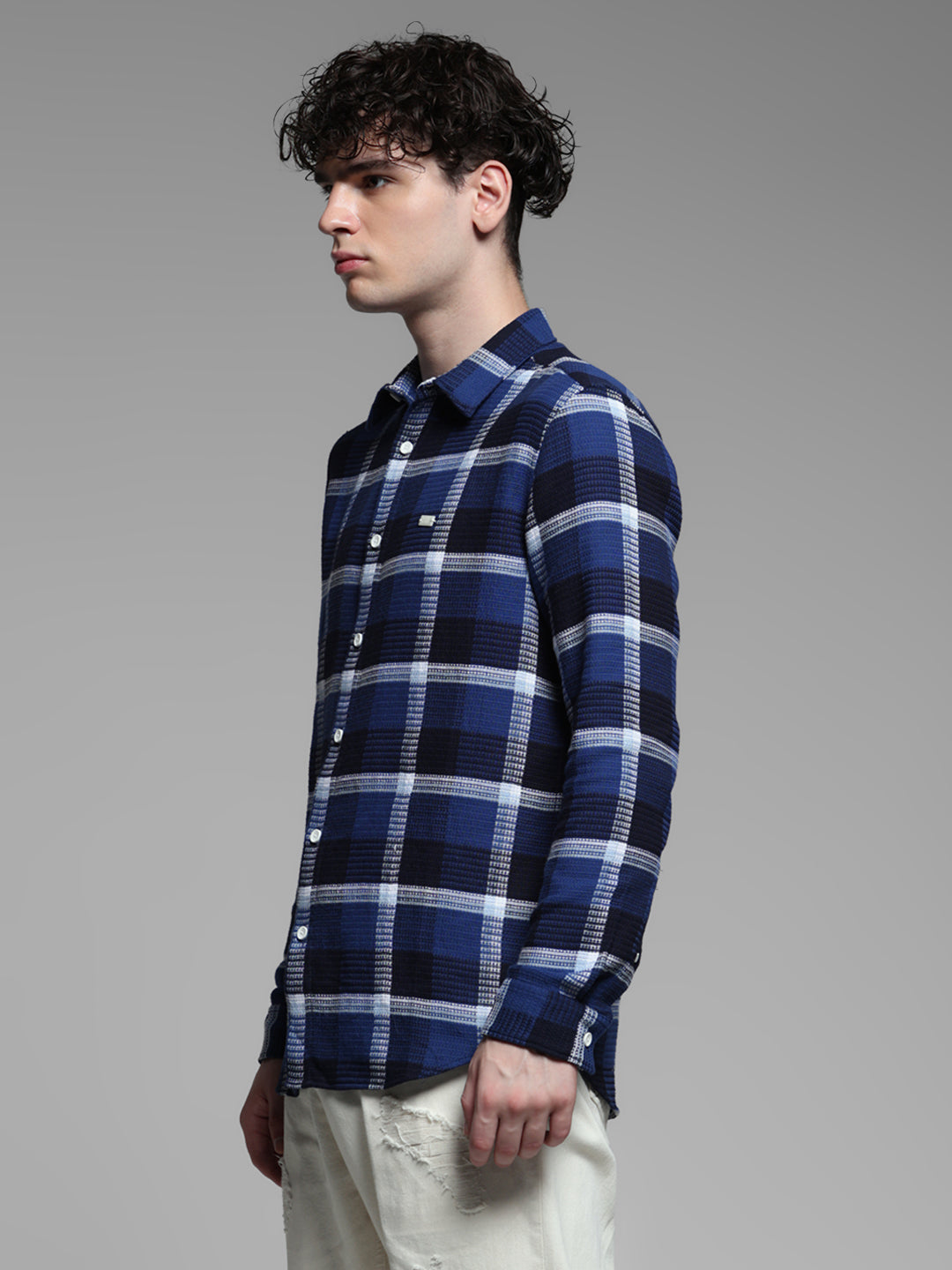 Dark Blue Check Cotton Shirt