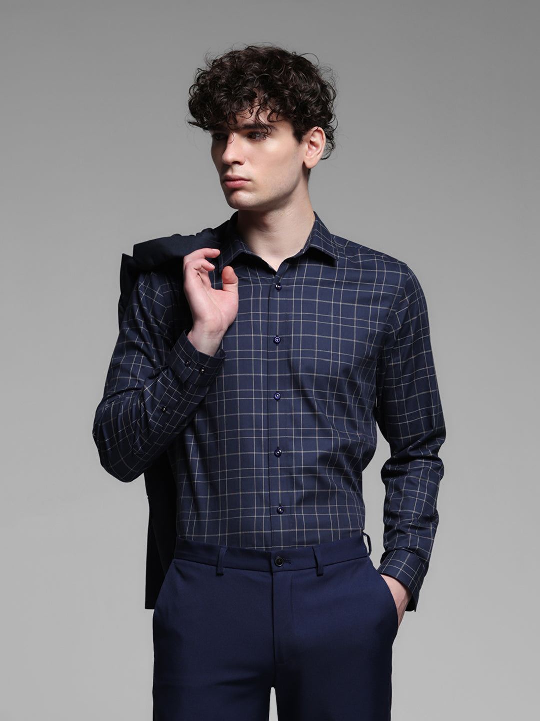 Navy Blue Check Shirt - L