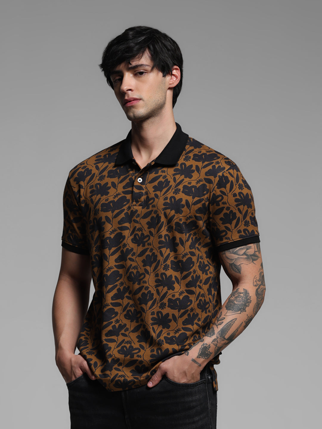 Brown Printed Cotton Polo - S