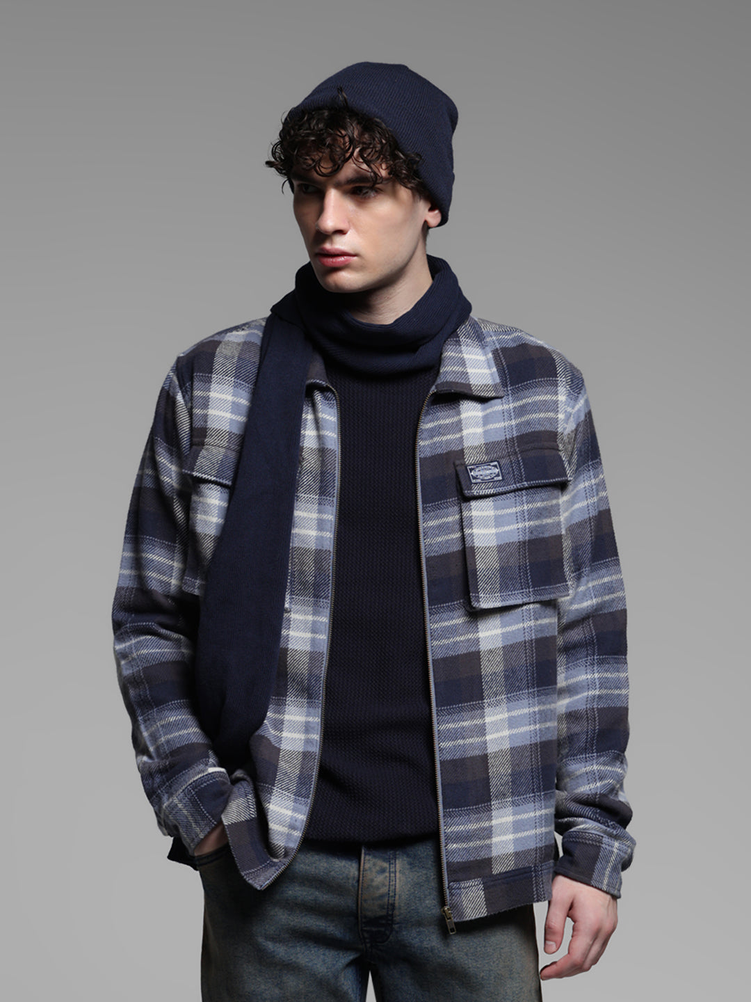 Blue Check Zip Up Shirt