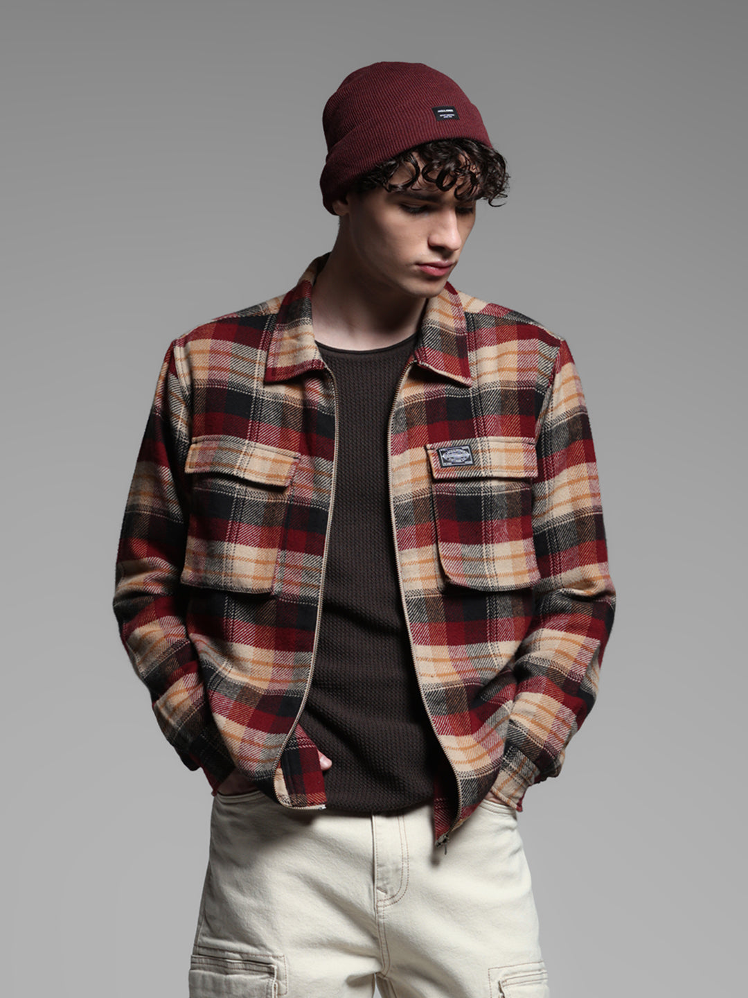 Maroon Check Zip Up Shirt - S