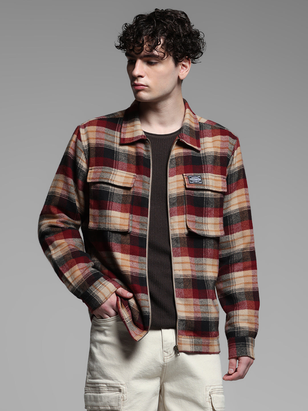 Maroon Check Zip Up Shirt