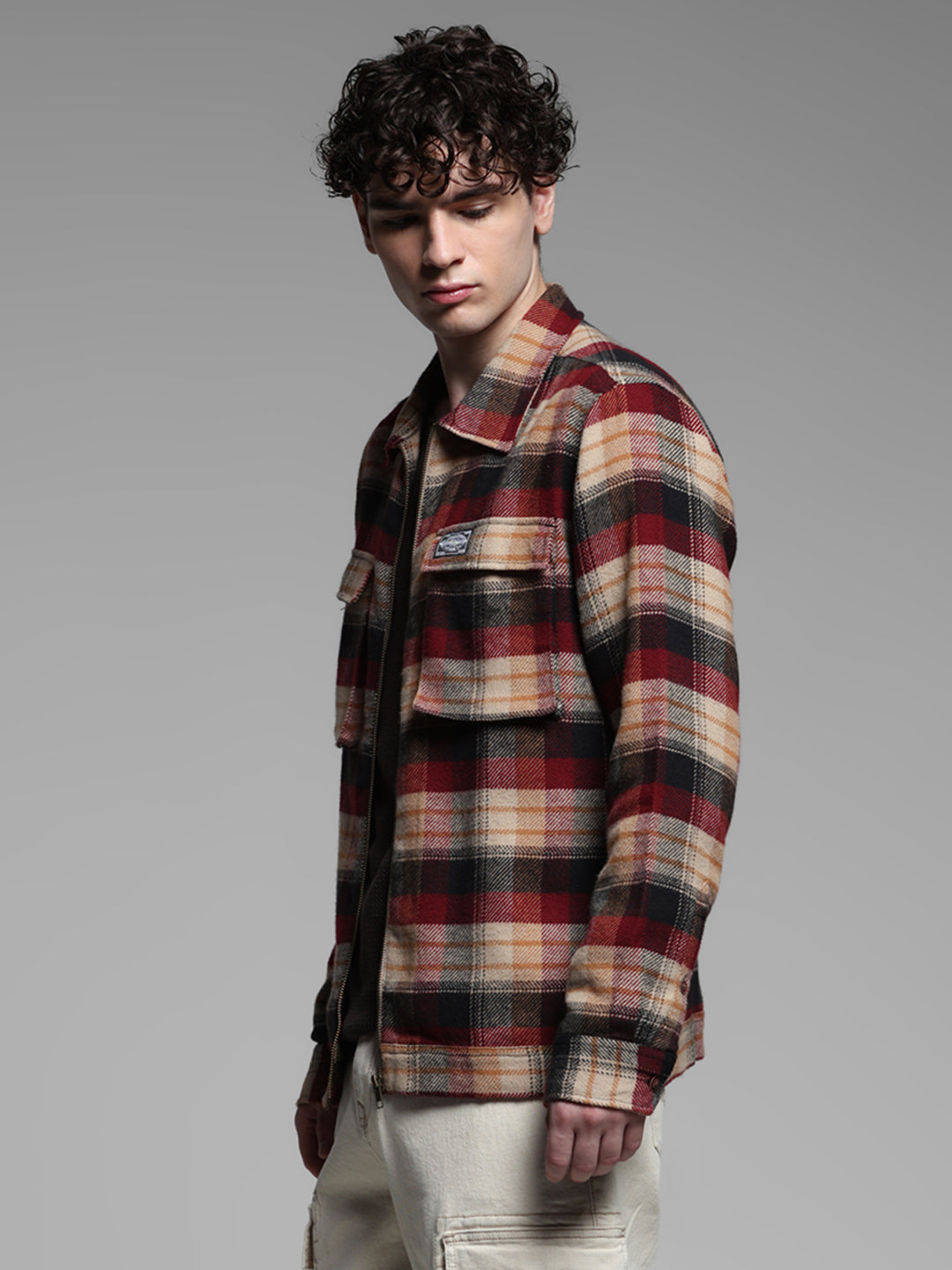 Maroon Check Zip Up Shirt