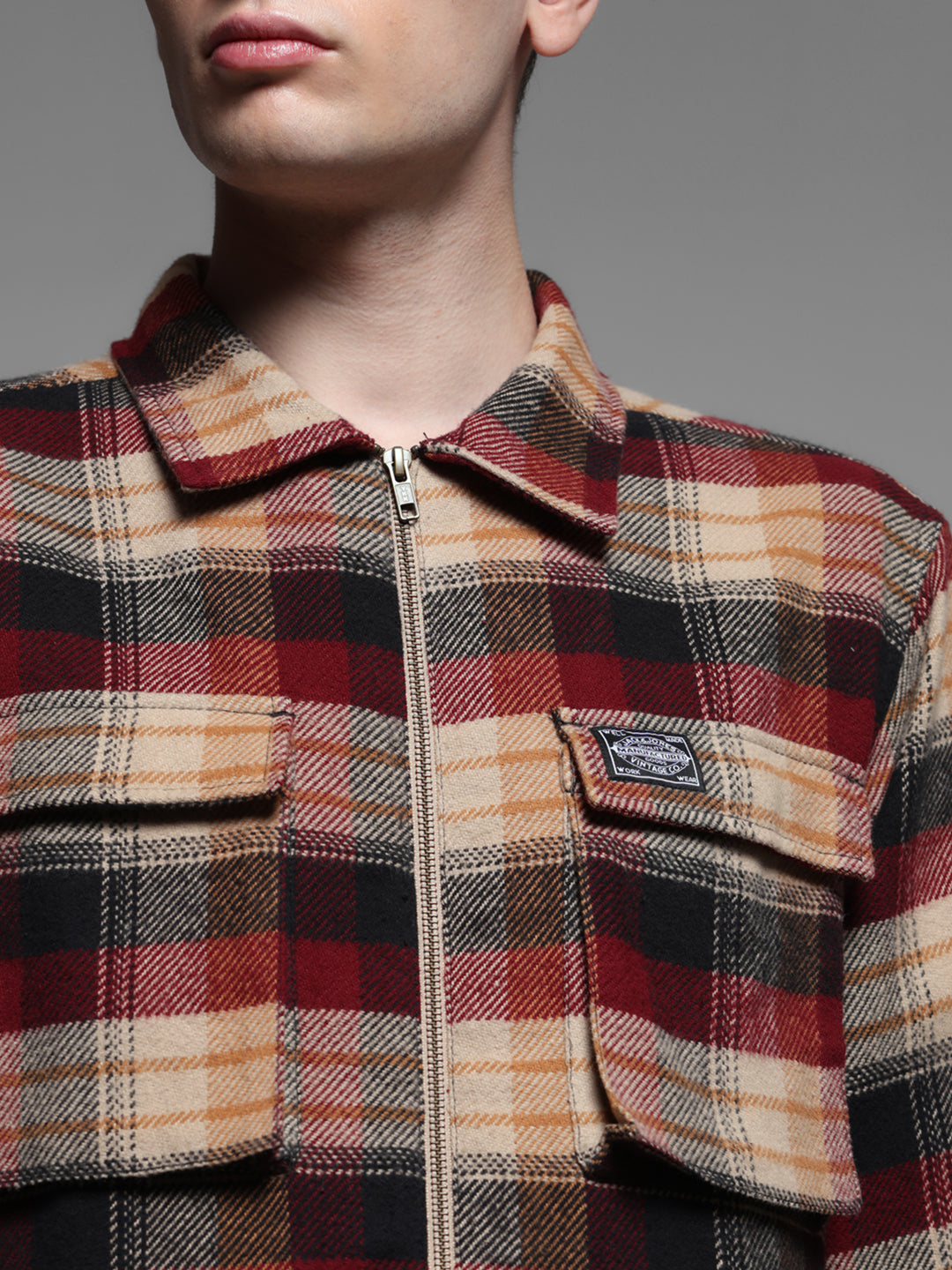 Maroon Check Zip Up Shirt