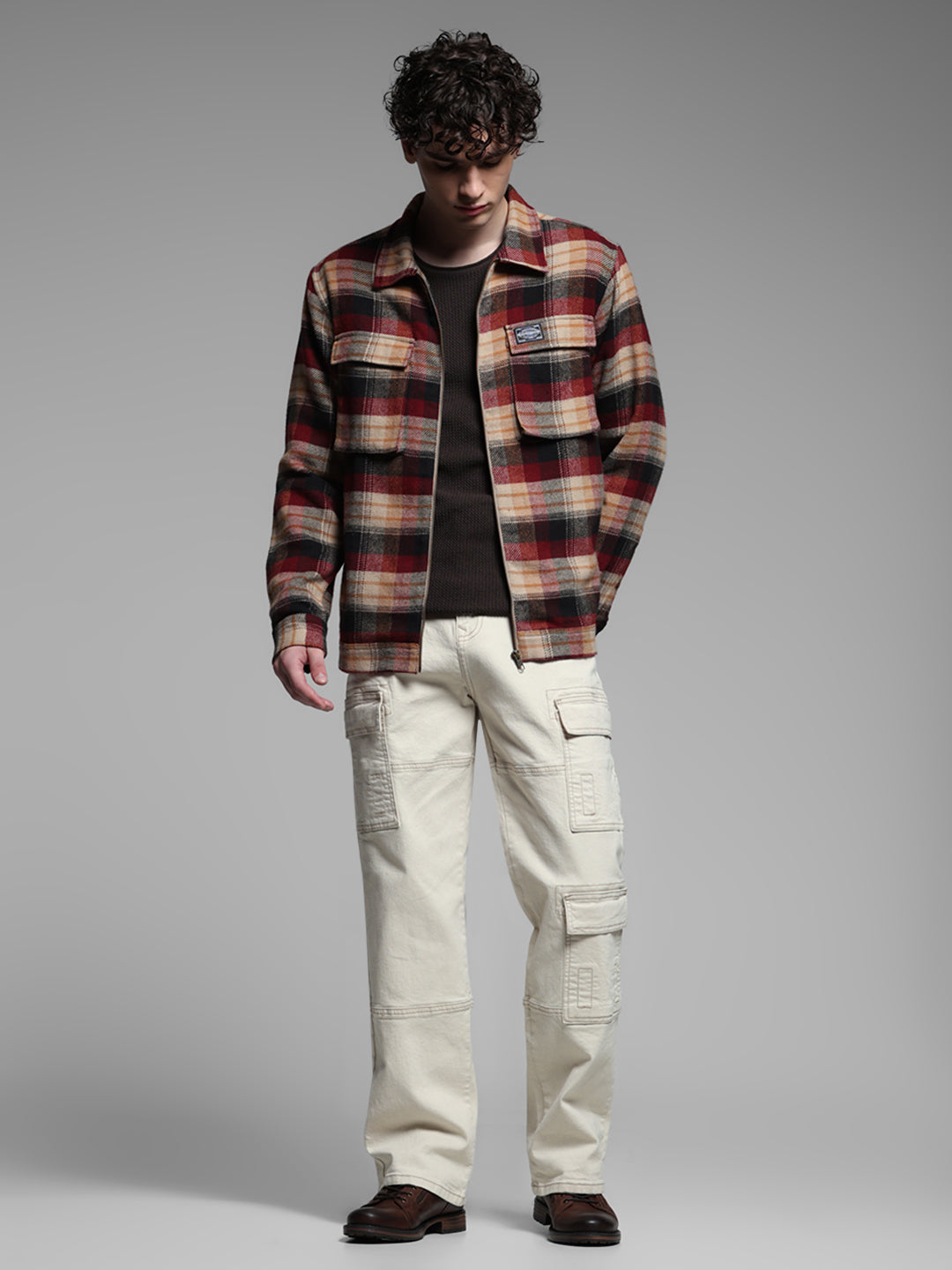 Maroon Check Zip Up Shirt