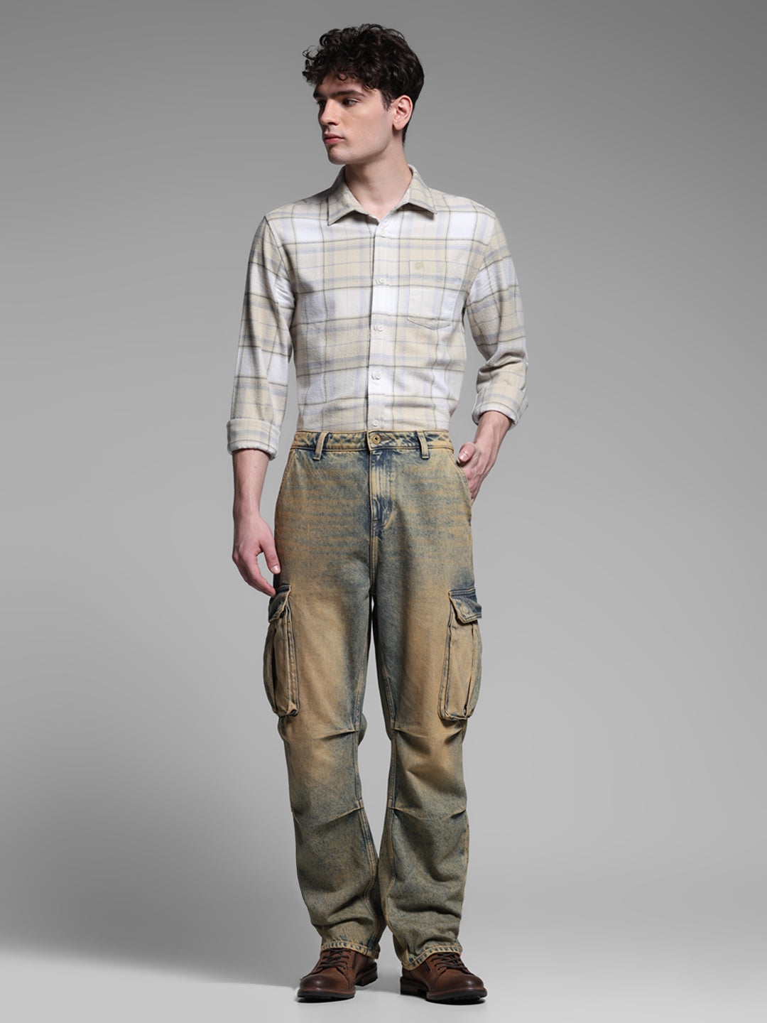 Beige Check Cotton Shirt