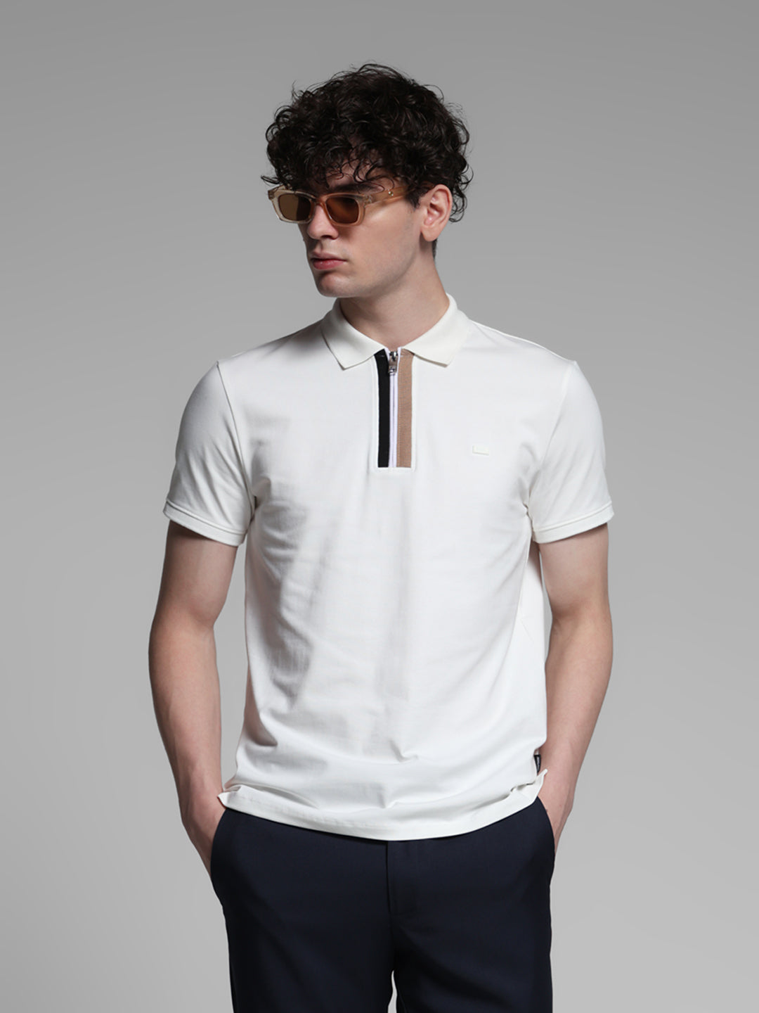 White Zipper Detail Polo - S