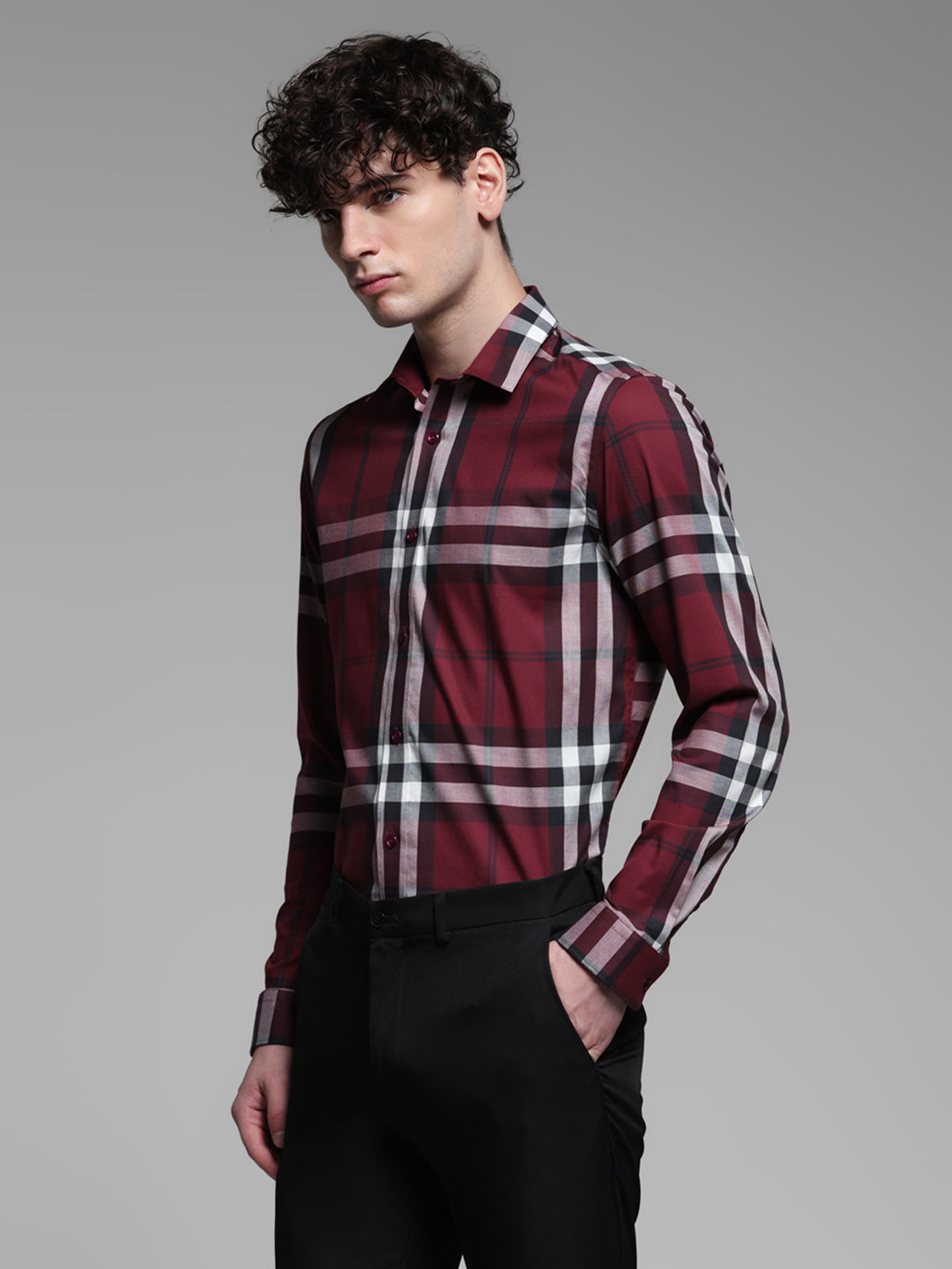 Dark Red Check Slim Fit Shirt