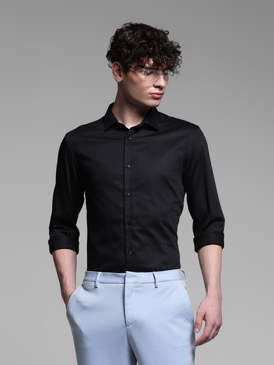 Black Dobby Full Sleeves Shirt - XS
