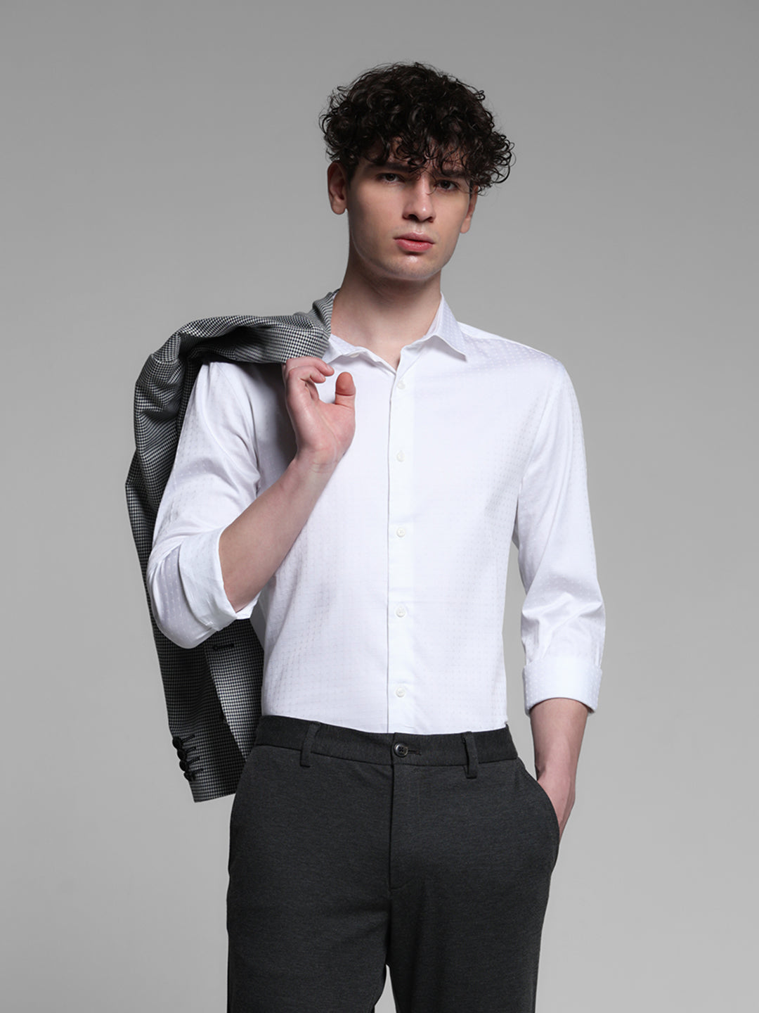 White Dobby Full Sleeves Shirt - XS