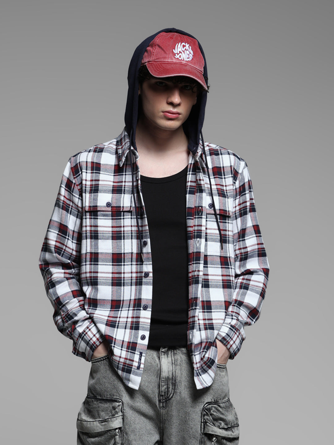 White Check Hooded Shirt - S