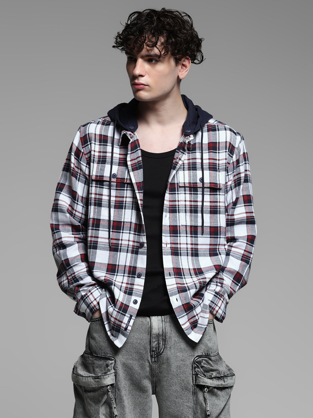 White Check Hooded Shirt