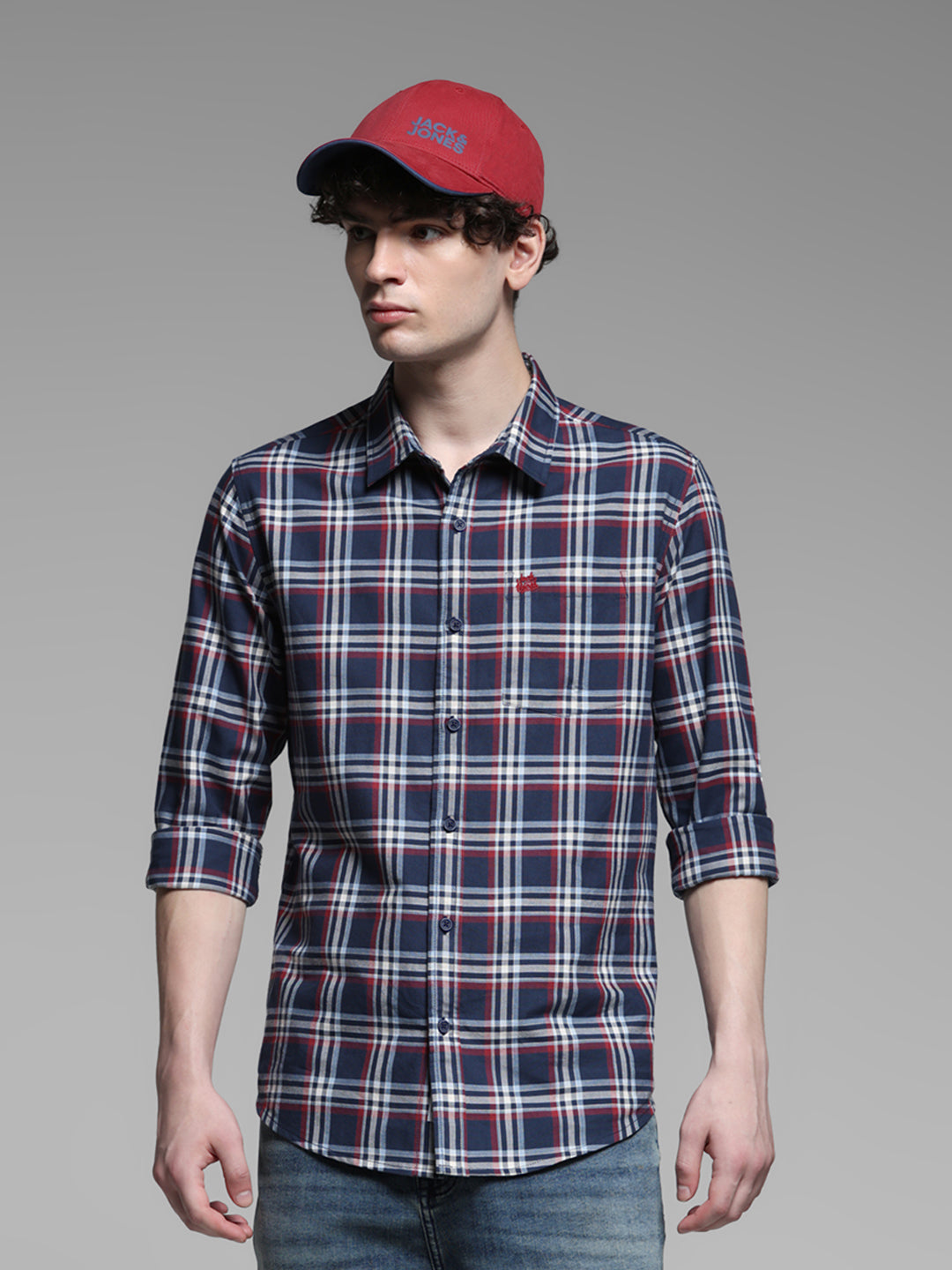 Navy Blue Check Cotton Shirt - S