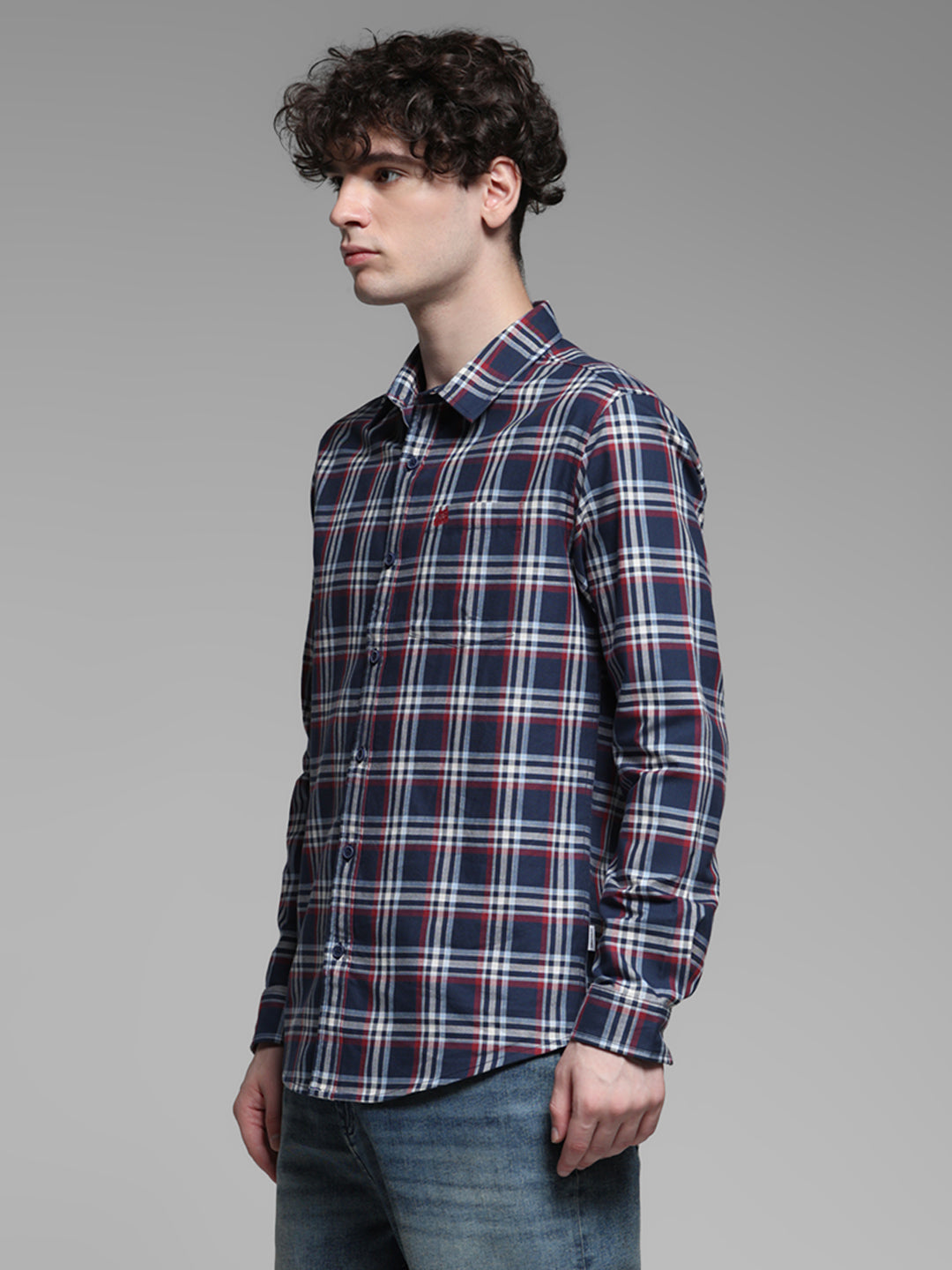 Navy Blue Check Cotton Shirt