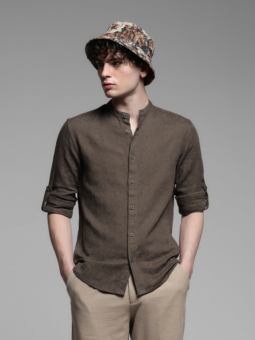 Brown Jacquard Cotton Shirt - S