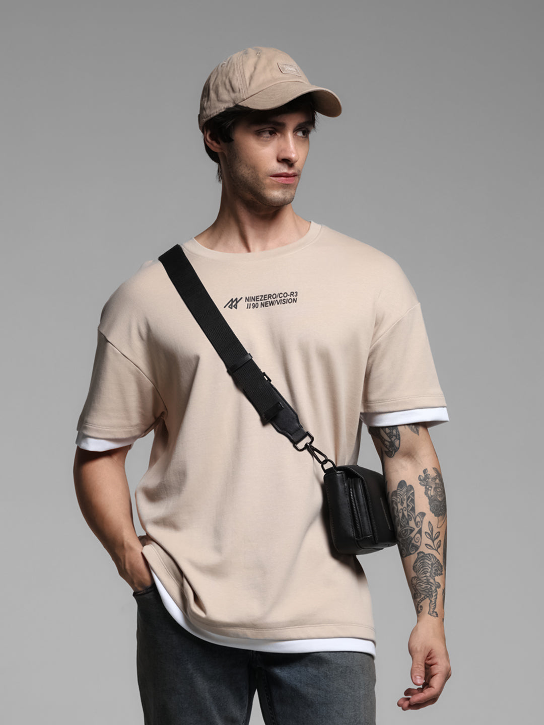 Beige Printed Boxy Fit T-shirt - S