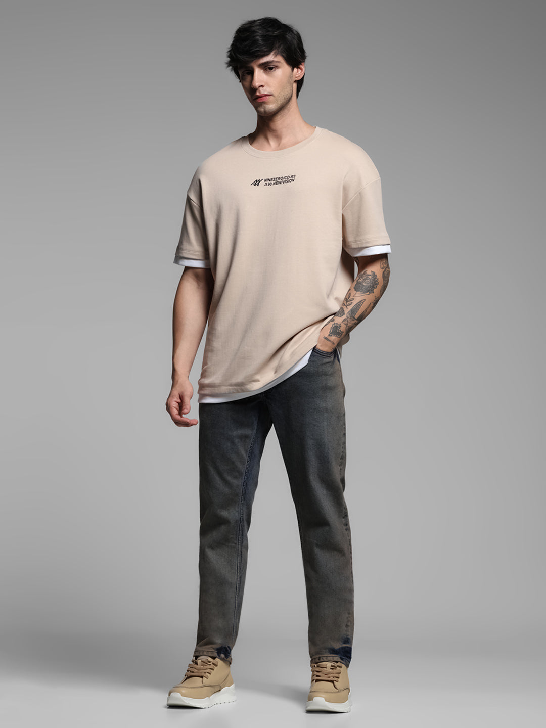Beige Printed Boxy Fit T-shirt