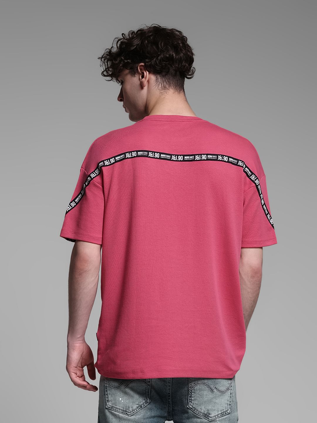 Pink Tape Detail Oversized T-shirt - S
