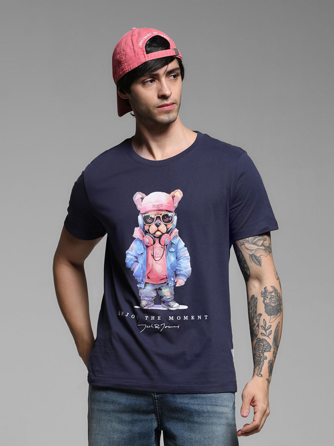 Navy Blue Cotton Graphic Print T-shirt - S
