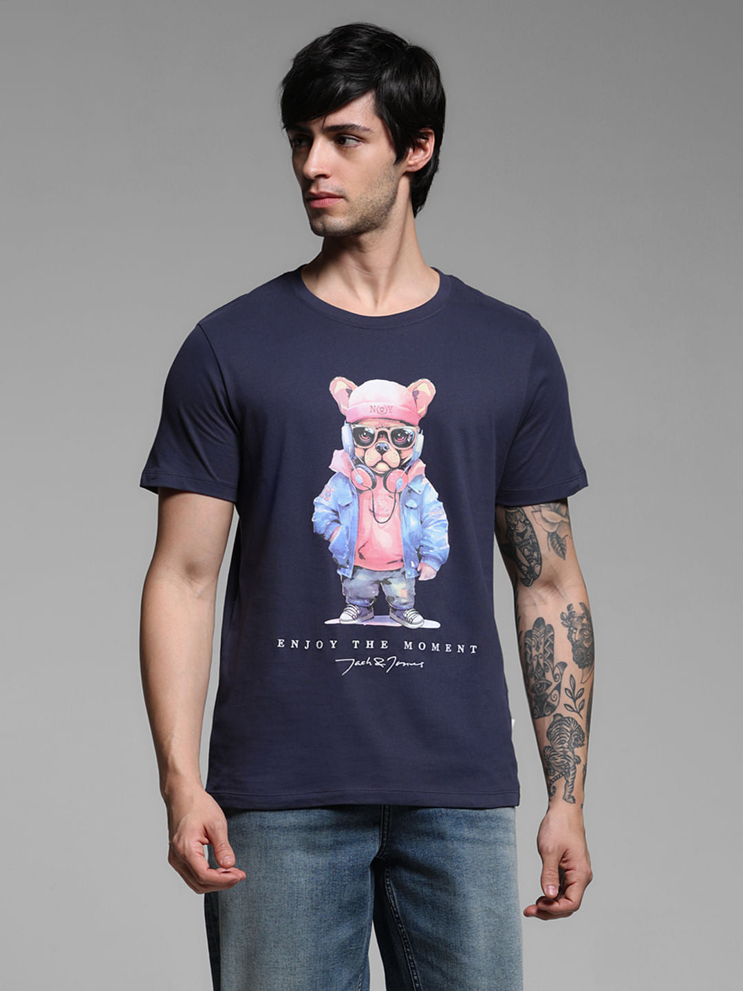 Navy Blue Cotton Graphic Print T-shirt