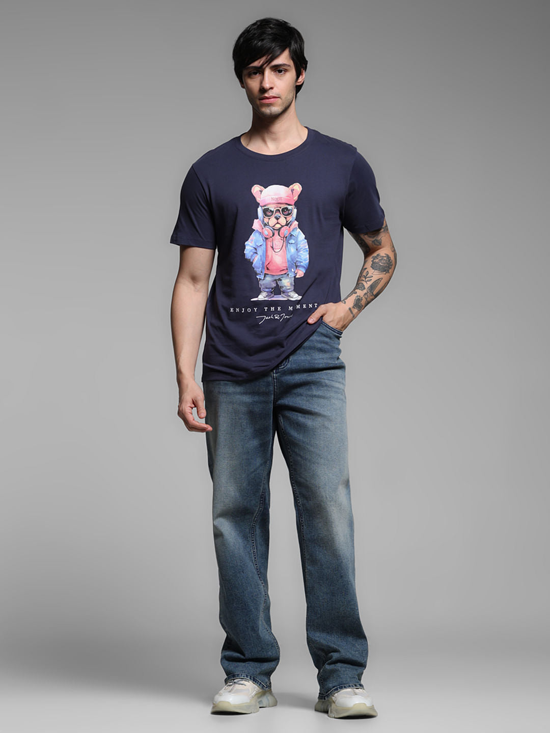 Navy Blue Cotton Graphic Print T-shirt