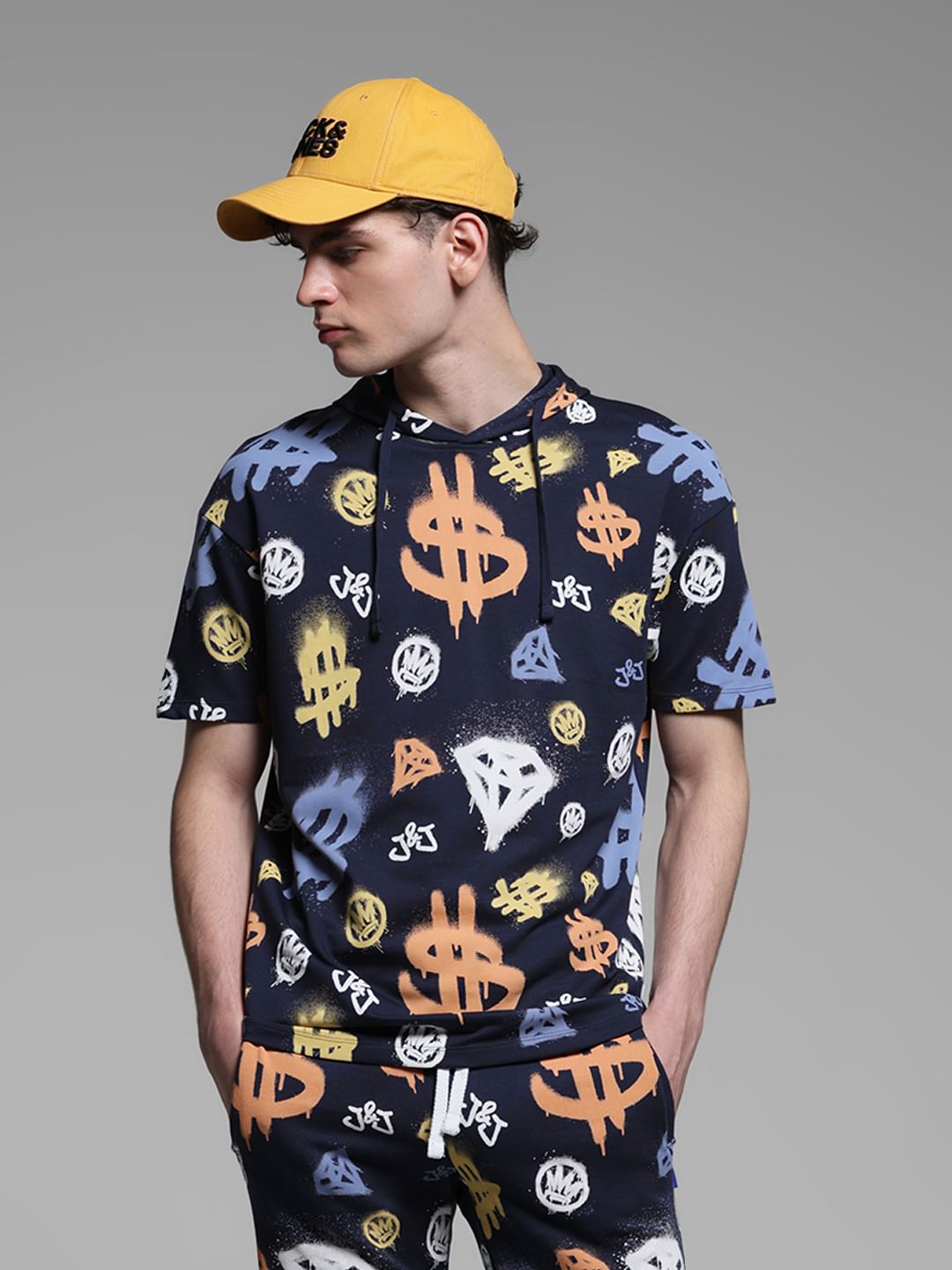 Blue Printed Hooded Co-ord Set T-shirt - S