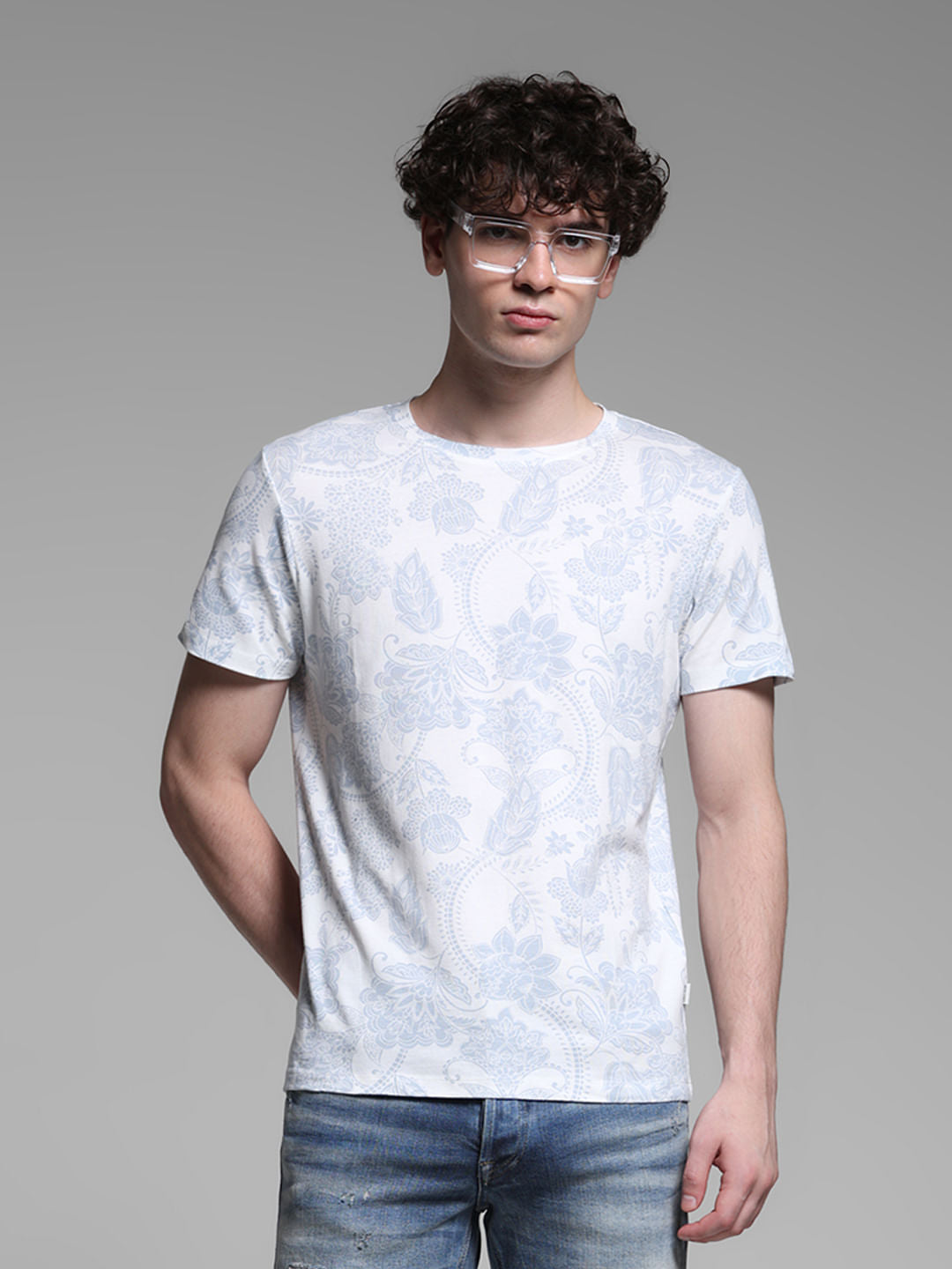 White Abstract Print Cotton T-shirt - L