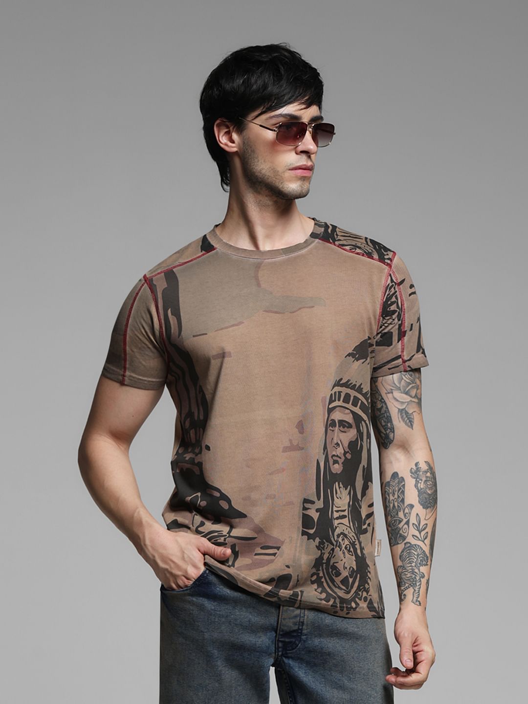 Dark Brown Printed Crew Neck T-shirt - S