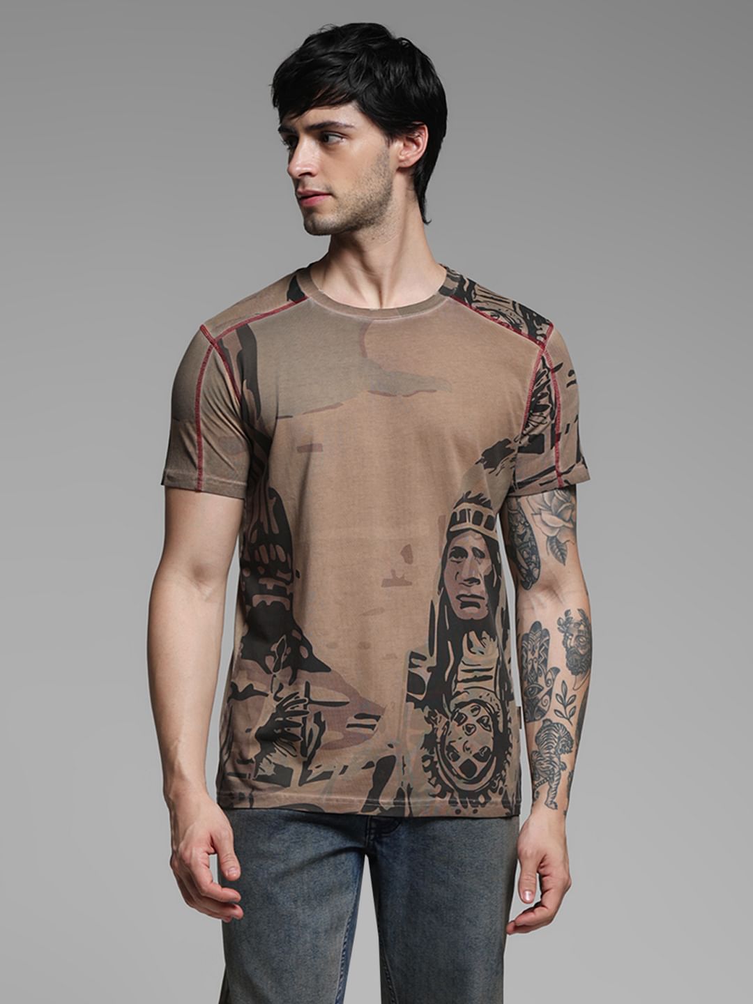 Dark Brown Printed Crew Neck T-shirt
