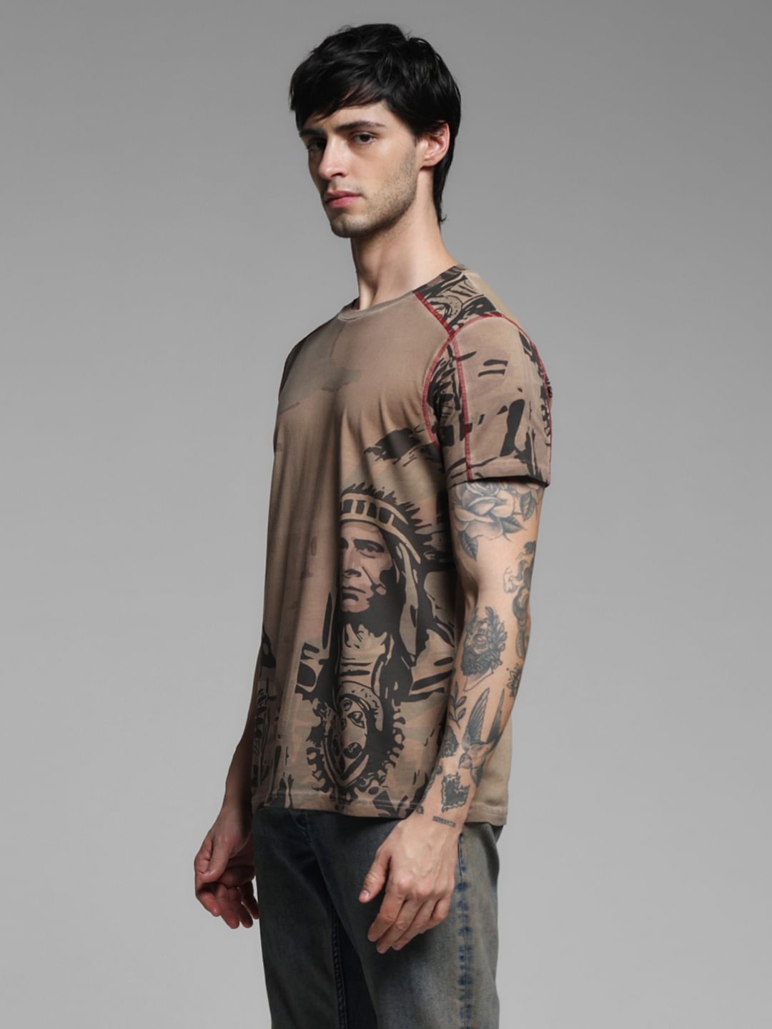 Dark Brown Printed Crew Neck T-shirt