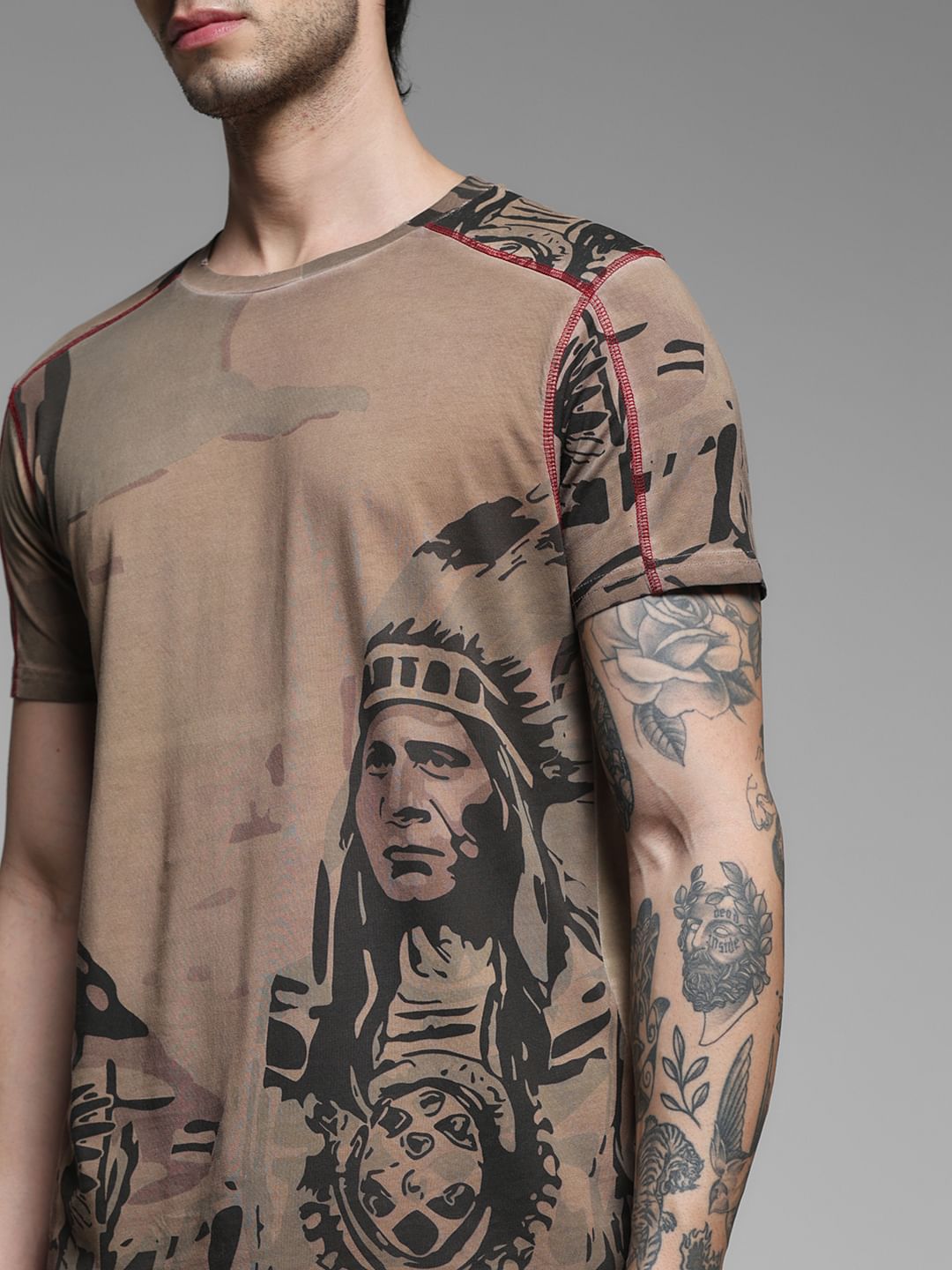 Dark Brown Printed Crew Neck T-shirt