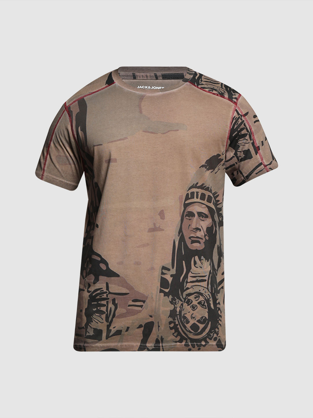 Dark Brown Printed Crew Neck T-shirt