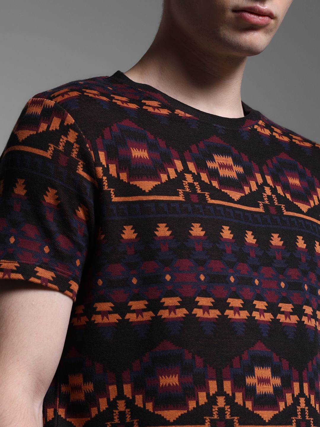 Maroon Printed Jacquard Cotton T-shirt