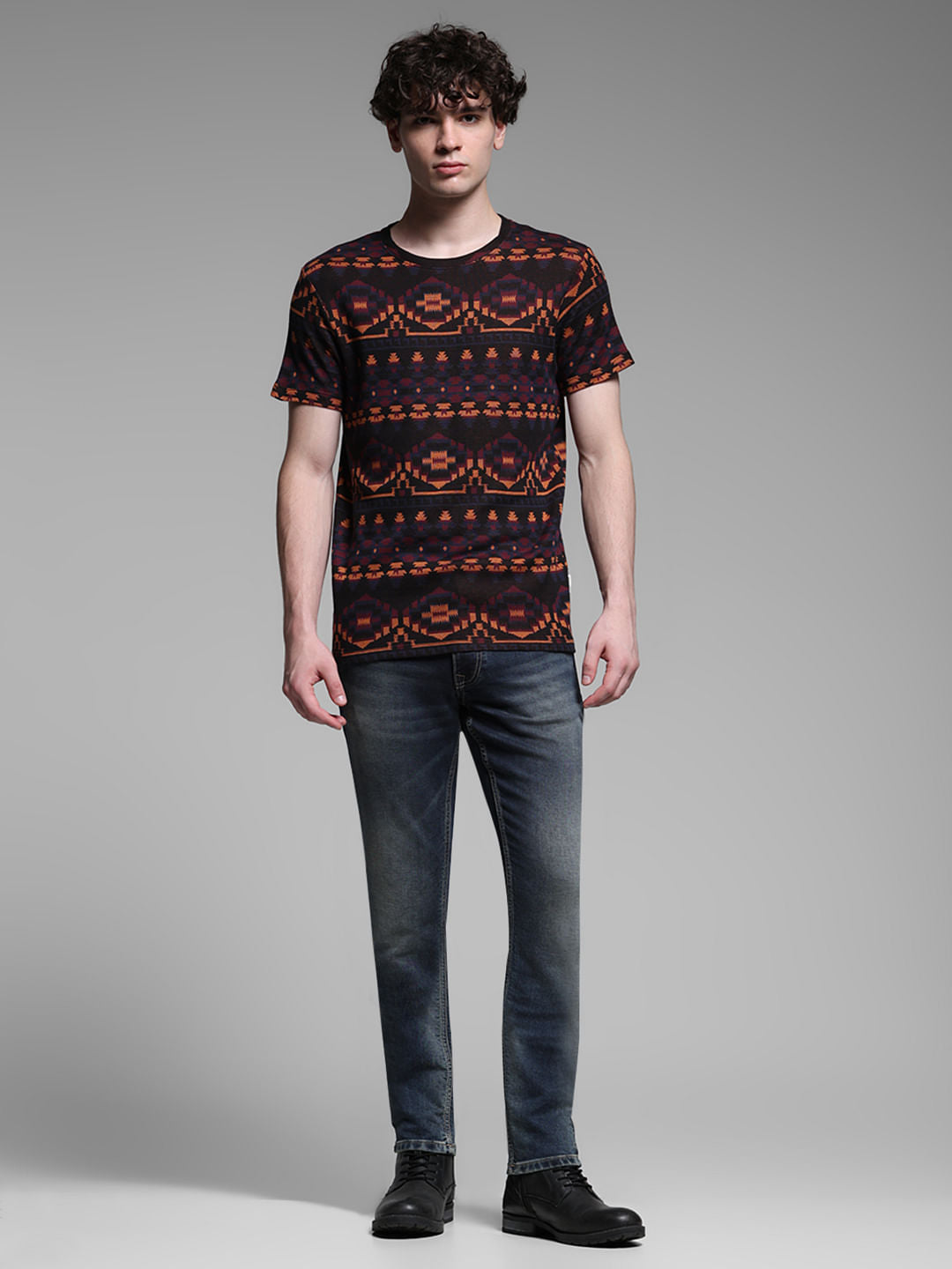 Maroon Printed Jacquard Cotton T-shirt