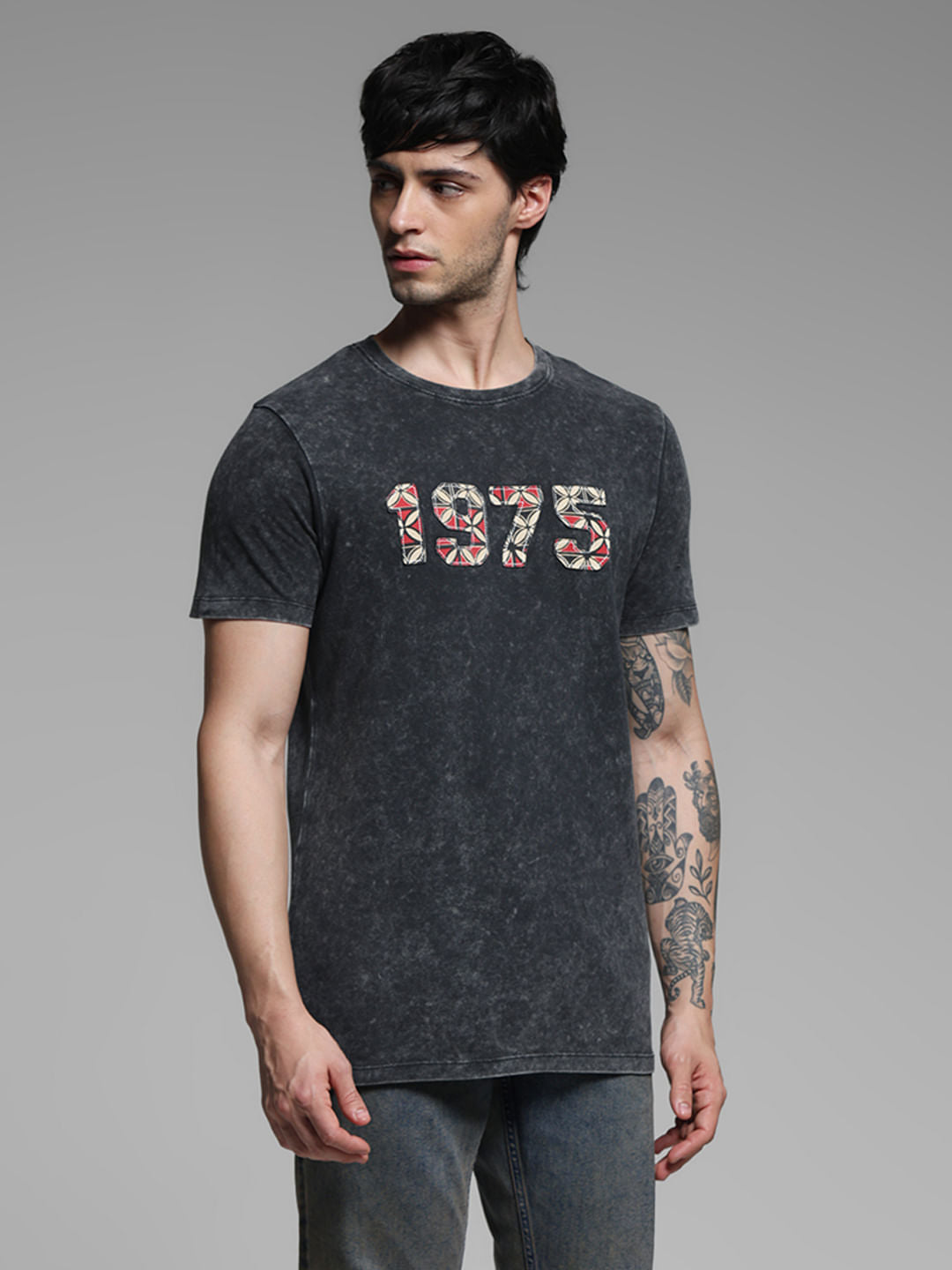 Black Applique Text Cotton T-shirt