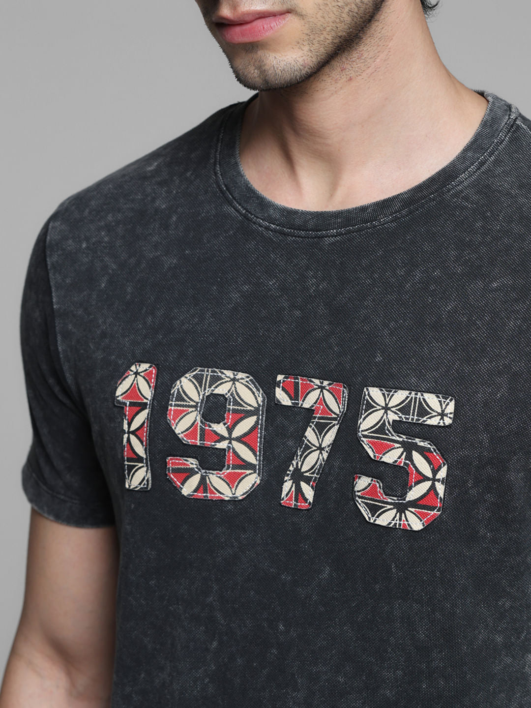 Black Applique Text Cotton T-shirt