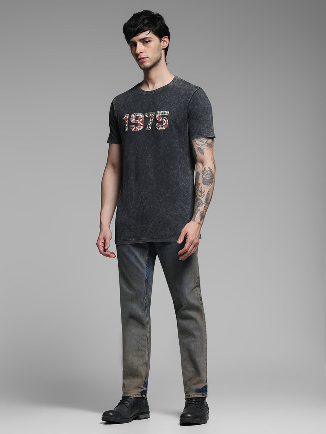 Black Applique Text Cotton T-shirt