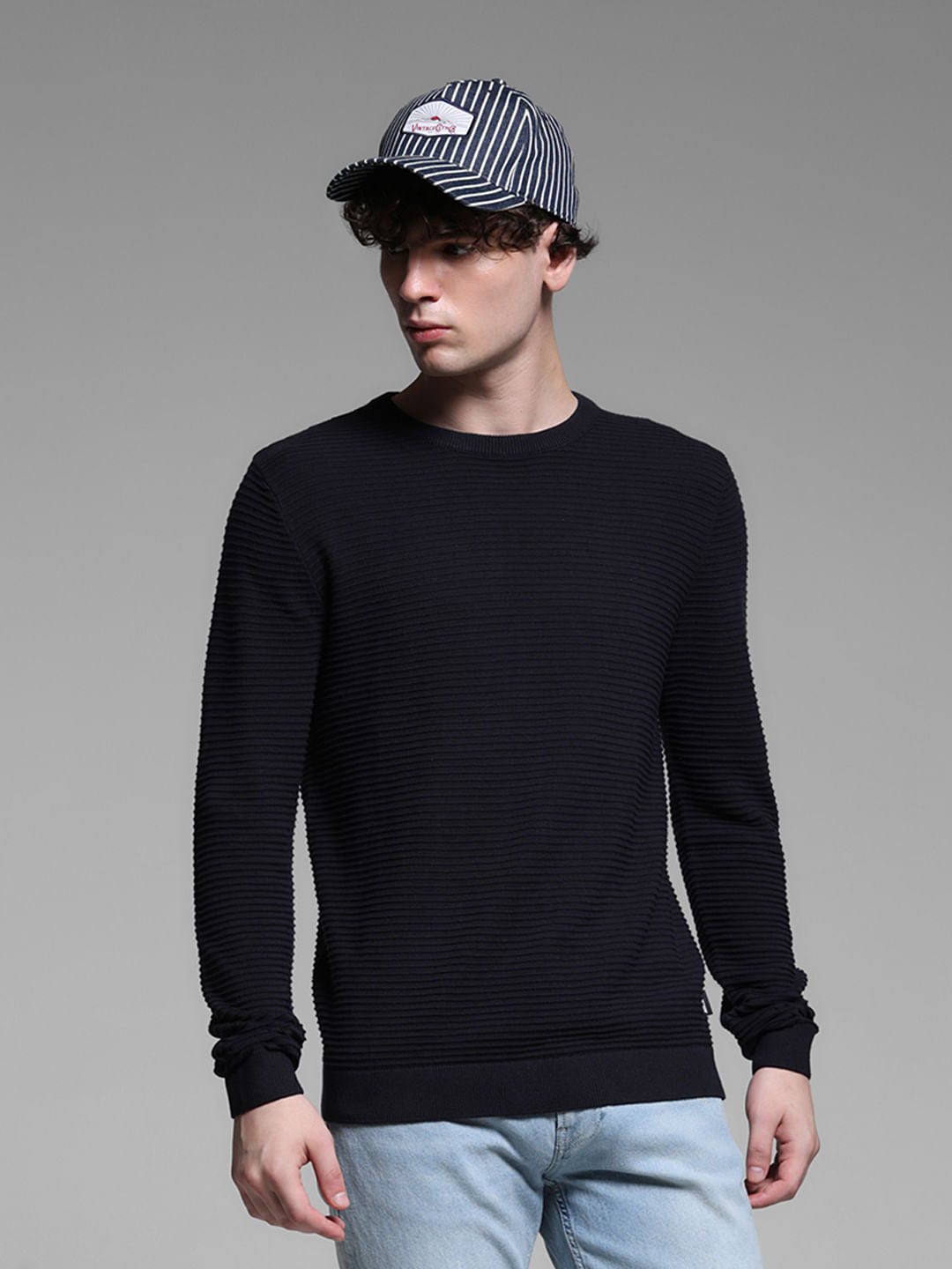 Navy Blue Flat Knit Cotton Pullover - S