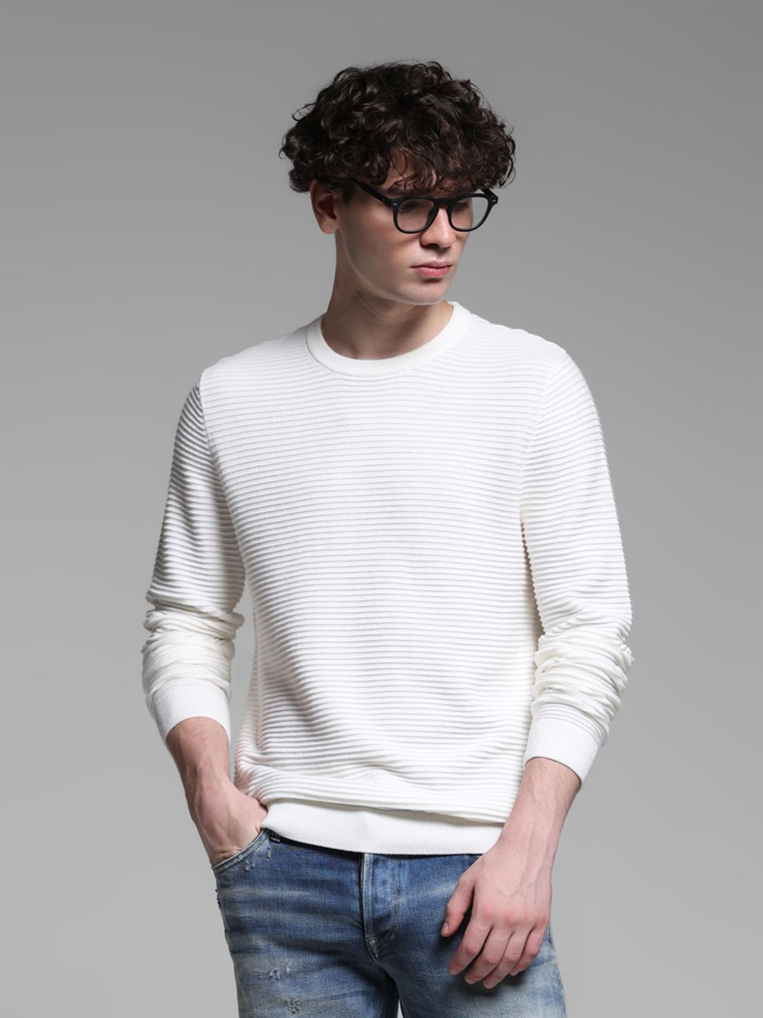 White Flat Knit Cotton Pullover - S