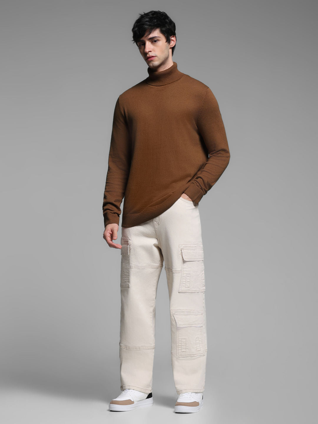 Brown Turtle Neck Flat Knit Pullover