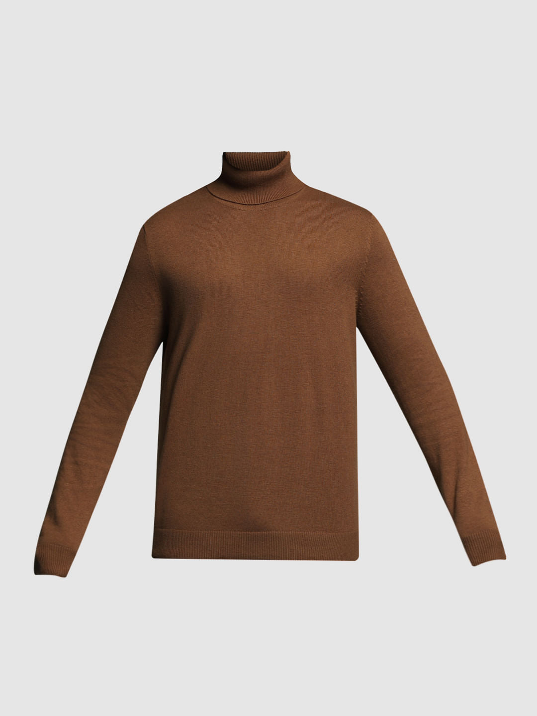 Brown Turtle Neck Flat Knit Pullover