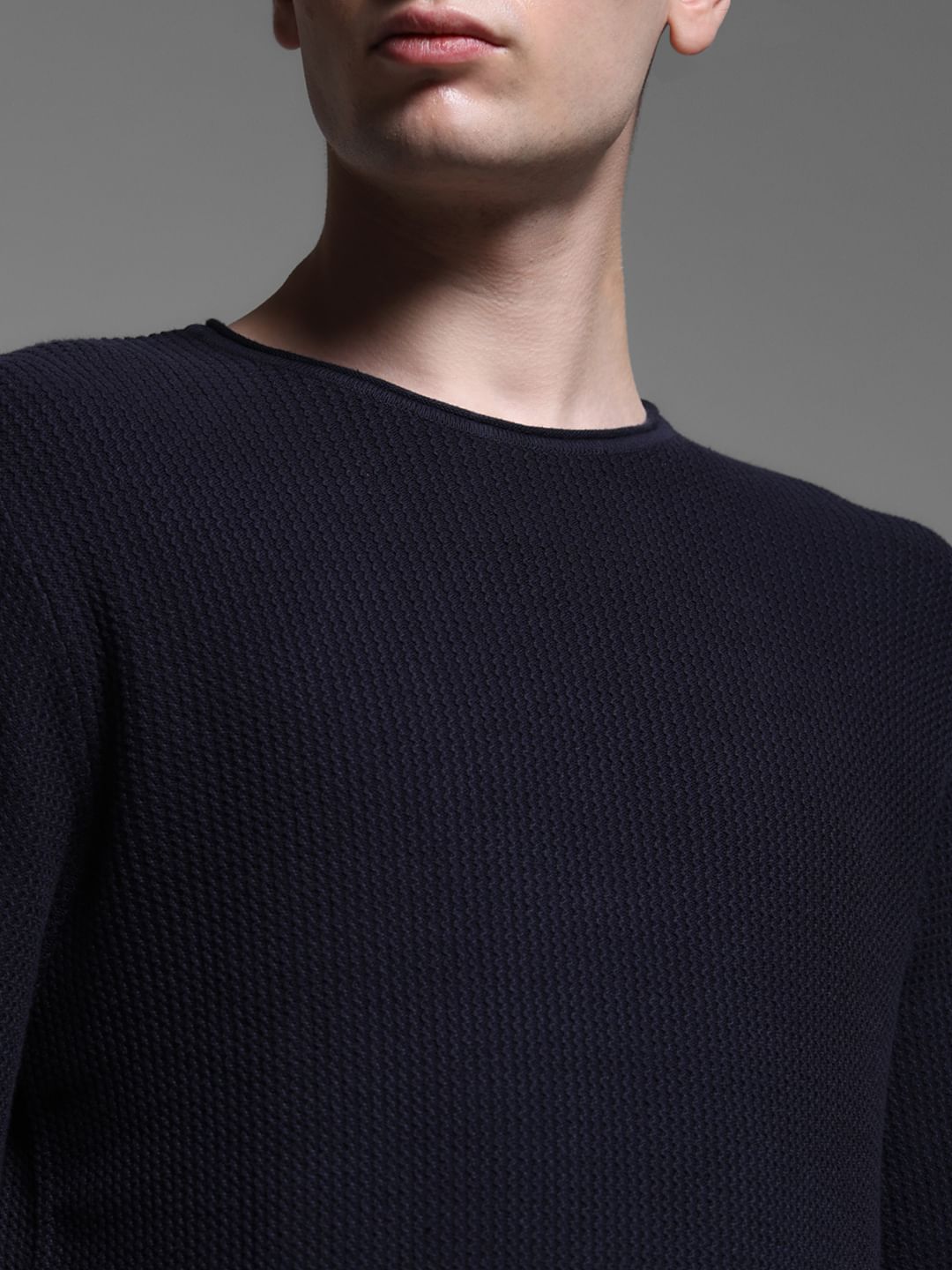 Navy Blue Raw Edge Flat Knit Pullover