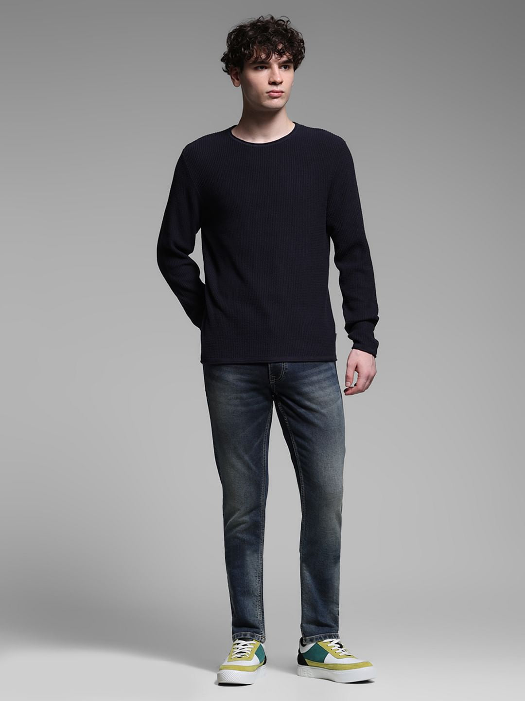 Navy Blue Raw Edge Flat Knit Pullover