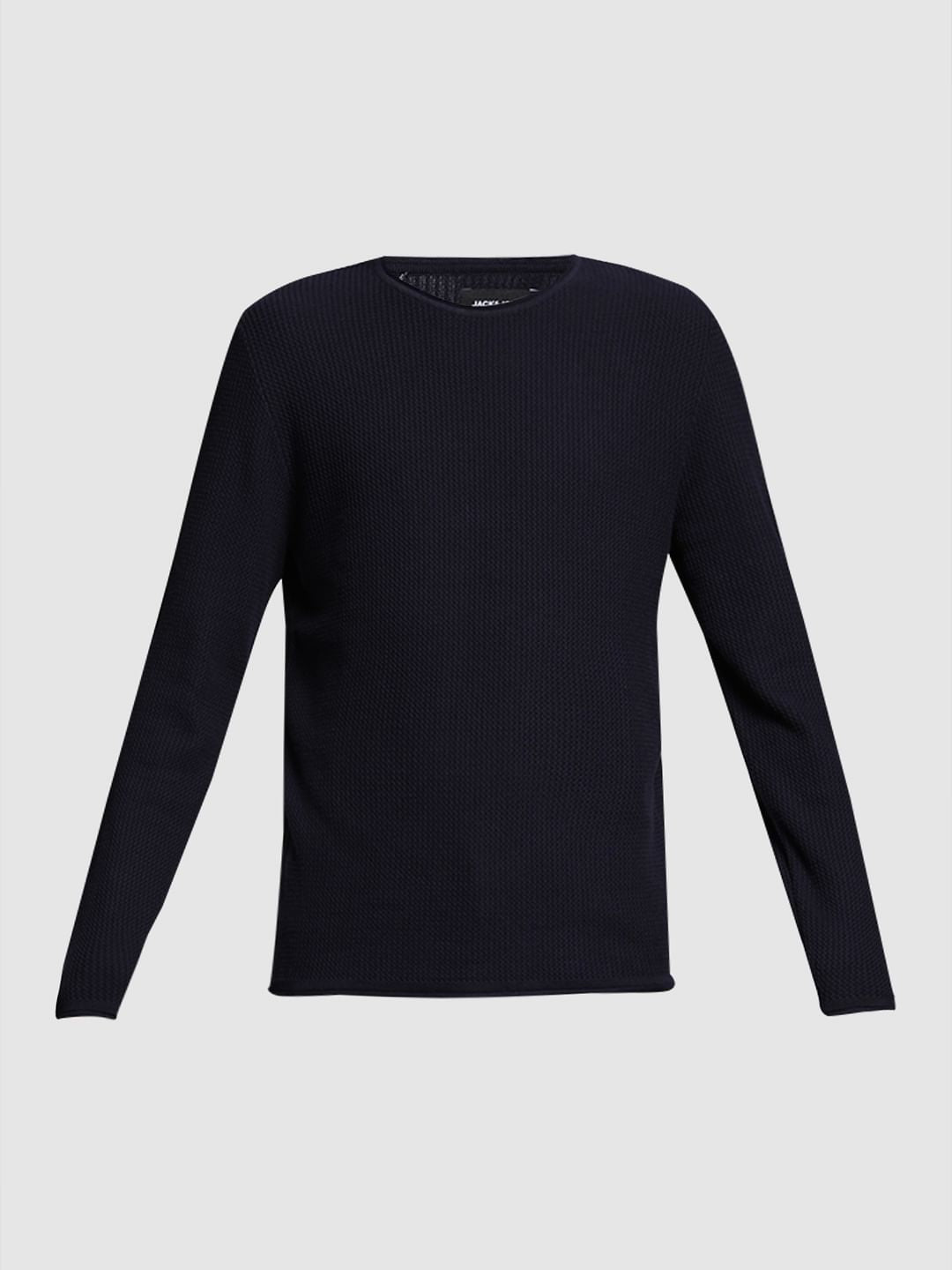 Navy Blue Raw Edge Flat Knit Pullover
